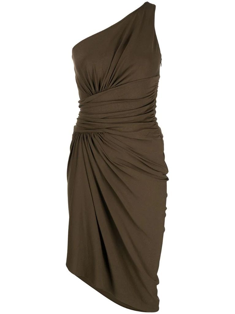 one-shoulder ruched midi dress