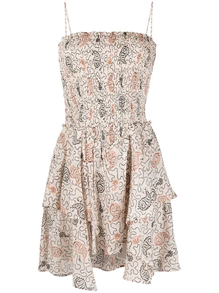 asymmetric paisley-print smocked short dress