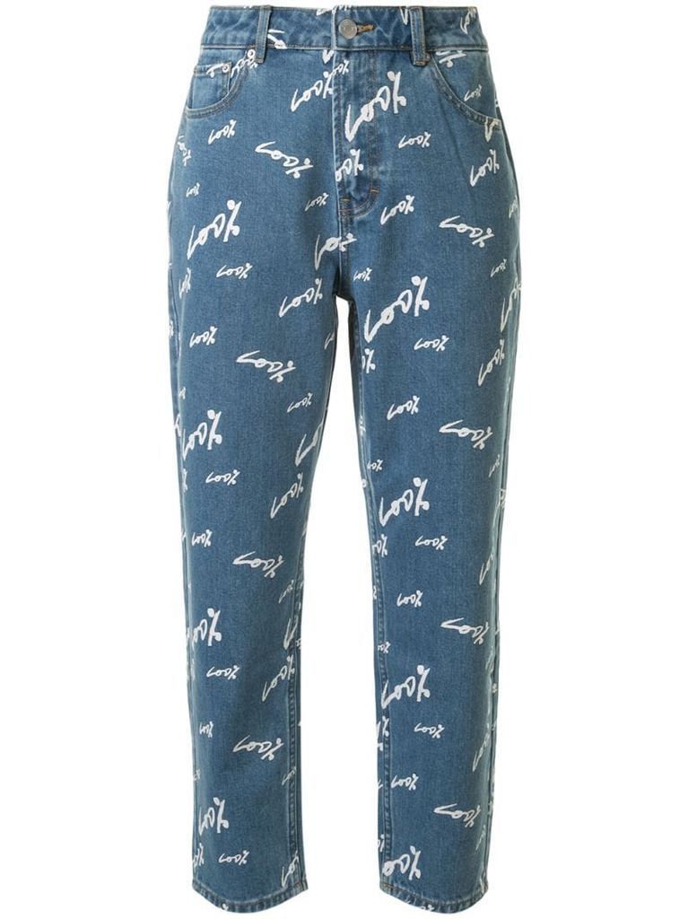 text-print tapered jeans