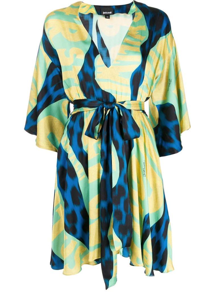 graphic-print tie-waist satin dress