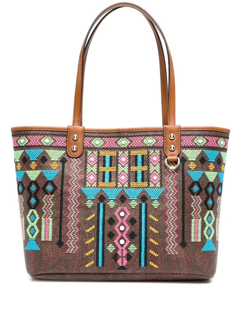 embroidered paisley print tote
