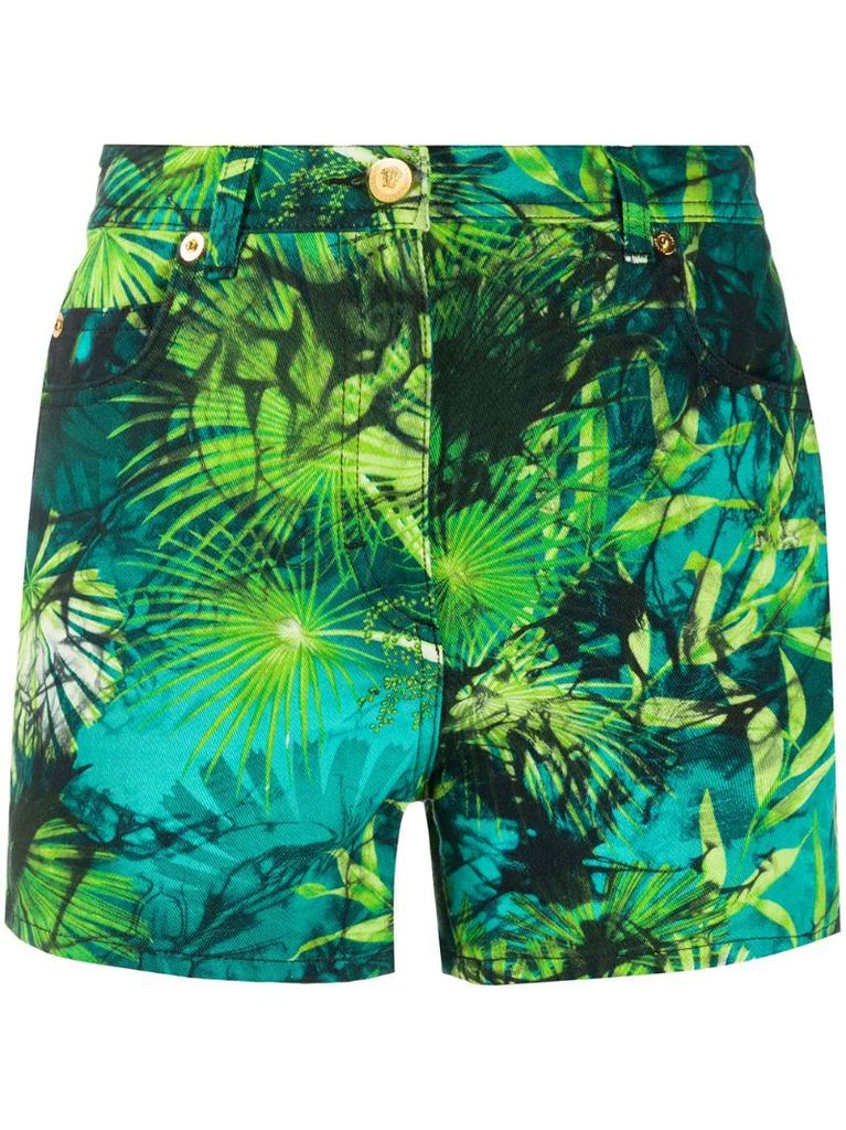 jungle print denim shorts