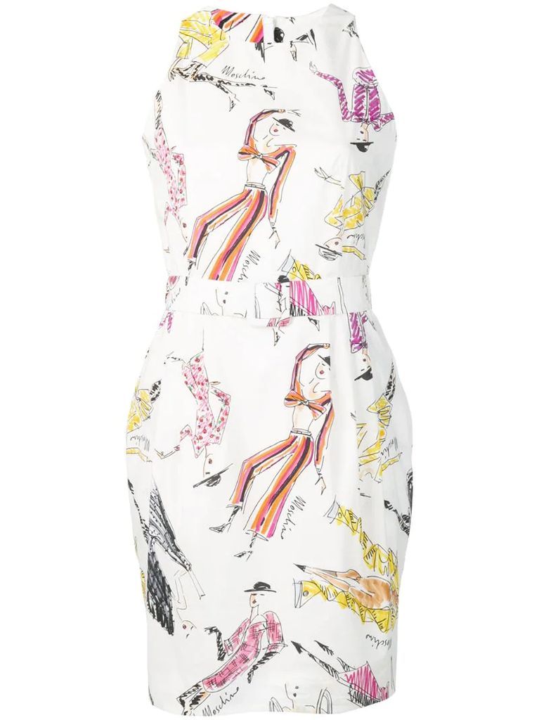 hand-drawn print belted dress