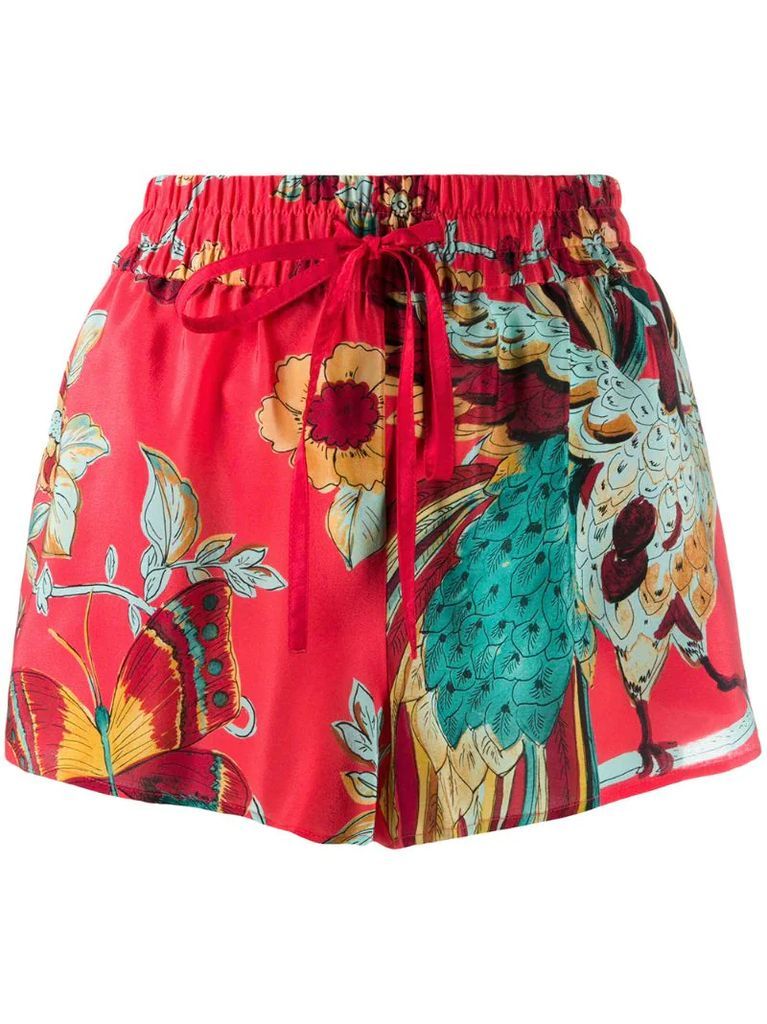 drawstring floral print silk shorts
