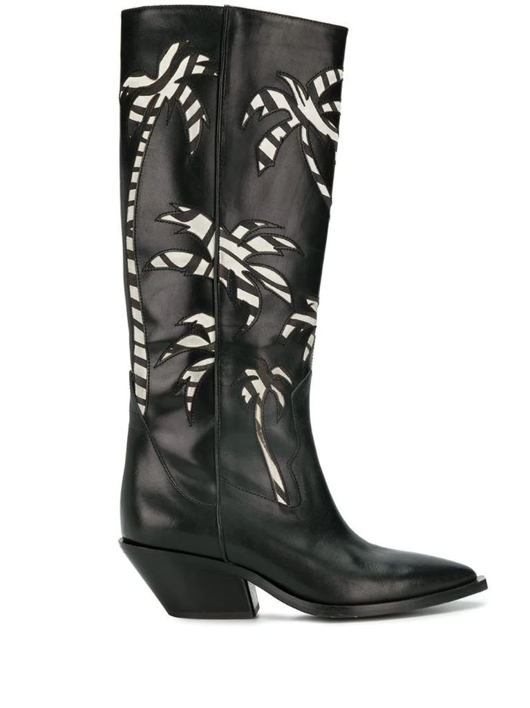 palm embroidered knee-high boots