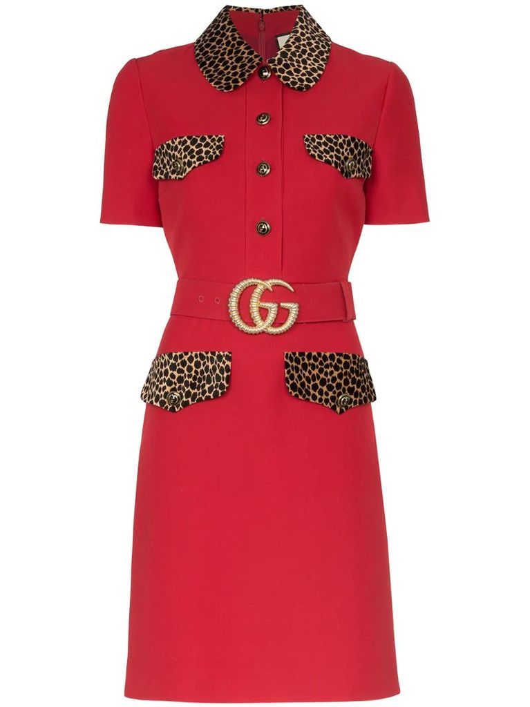 leopard-print trim belted dress