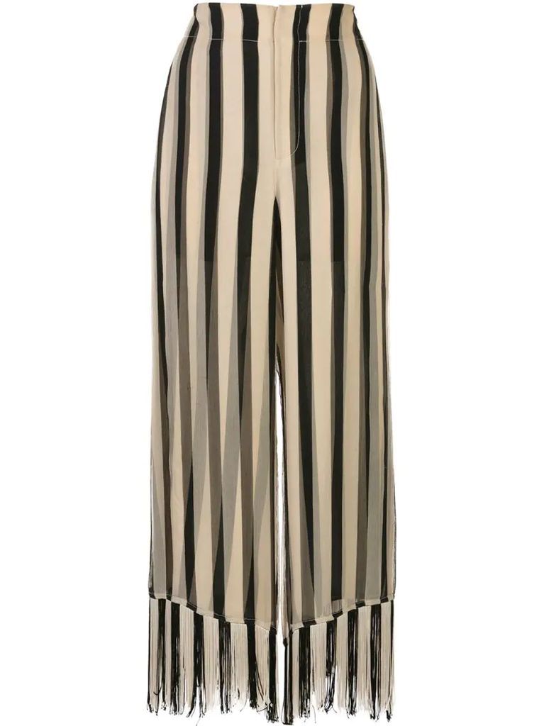 fringe-trim striped trousers