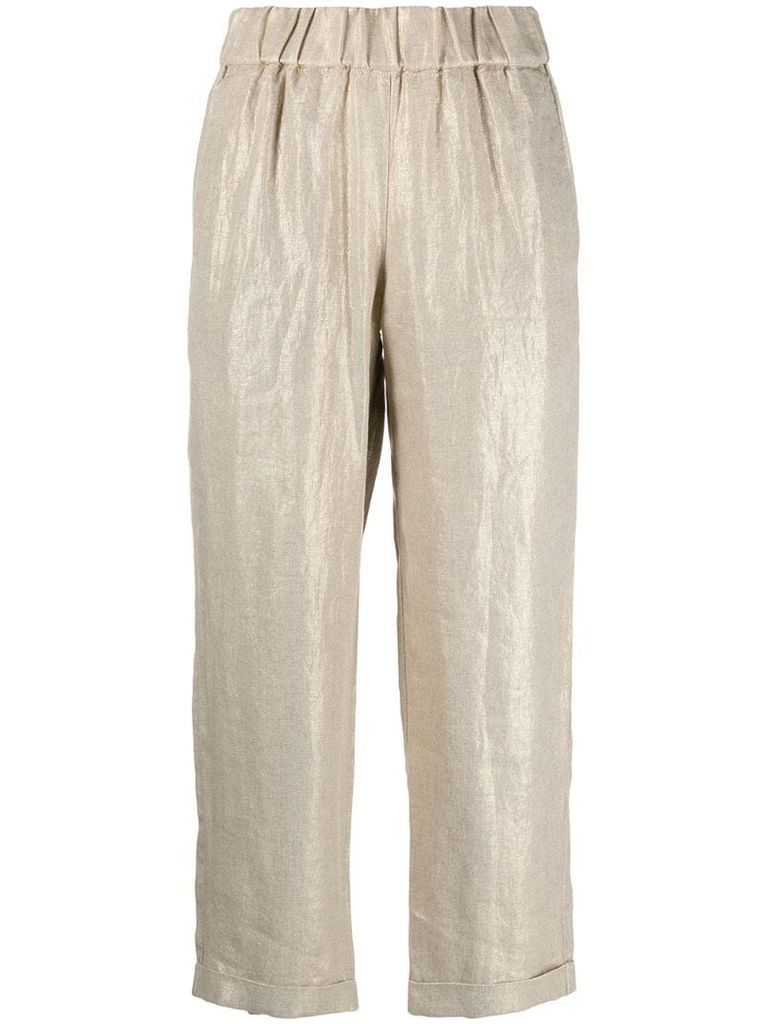 metallic-coated cropped high-waisted trousers