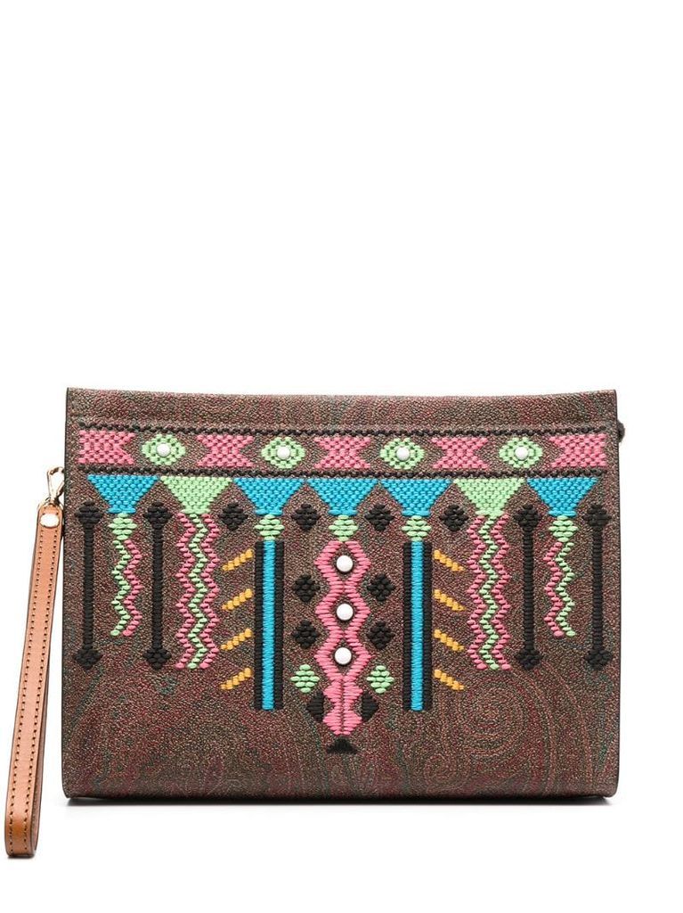 geometric embroidery leather clutch