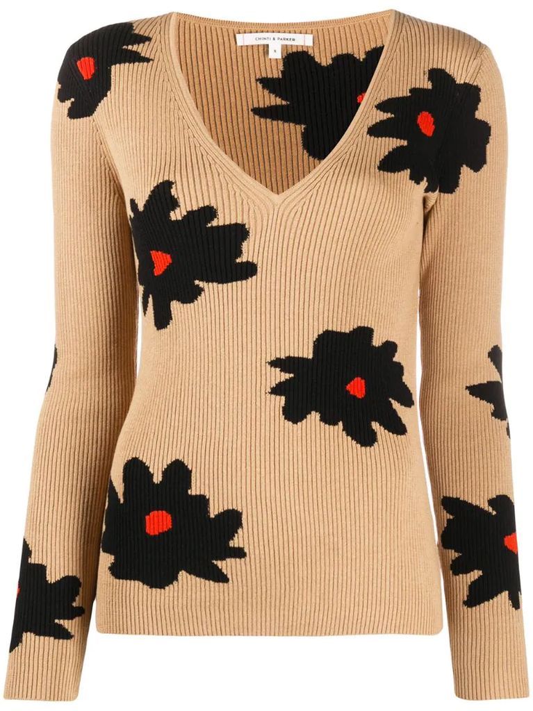 floral print V-neck jumper