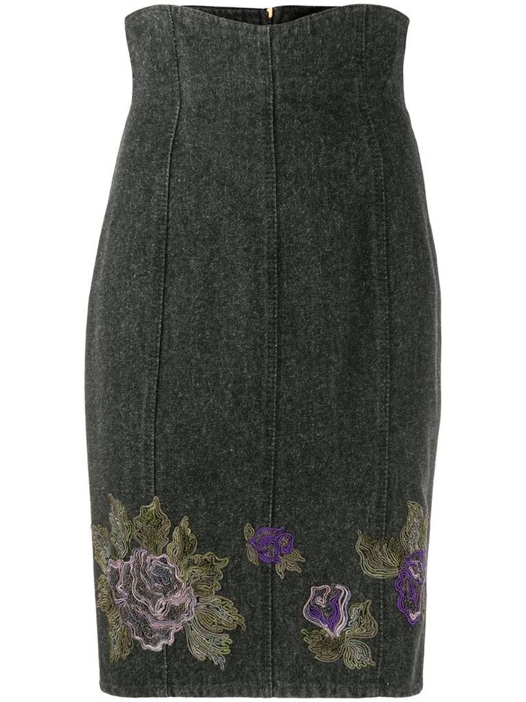 1990s flower motif denim skirt