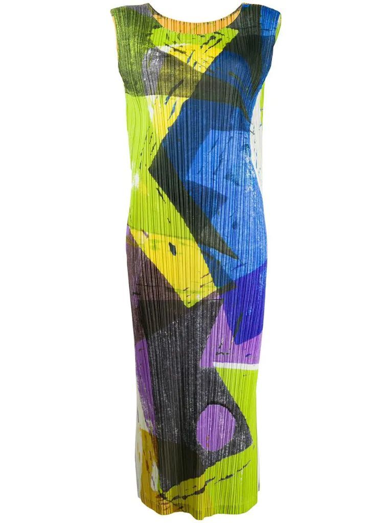 micro pleat abstract print dress
