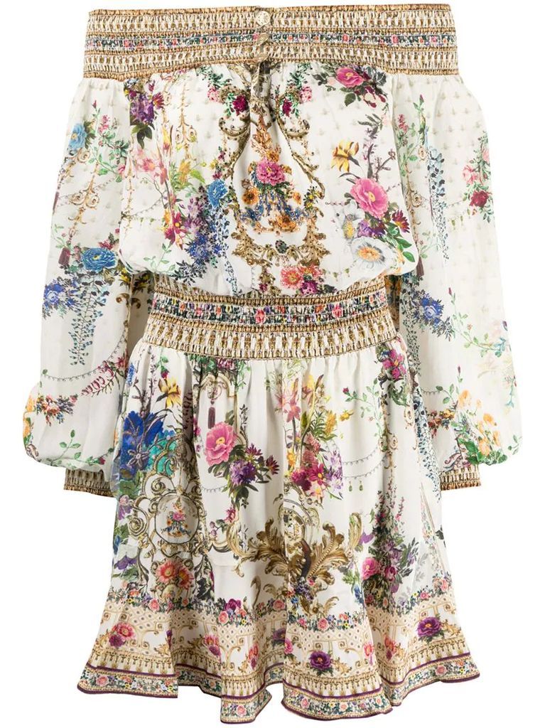 off-shoulder floral-baroque print silk dress