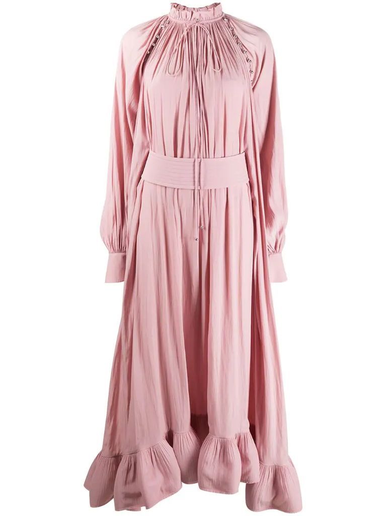 long-sleeved ruffle gown