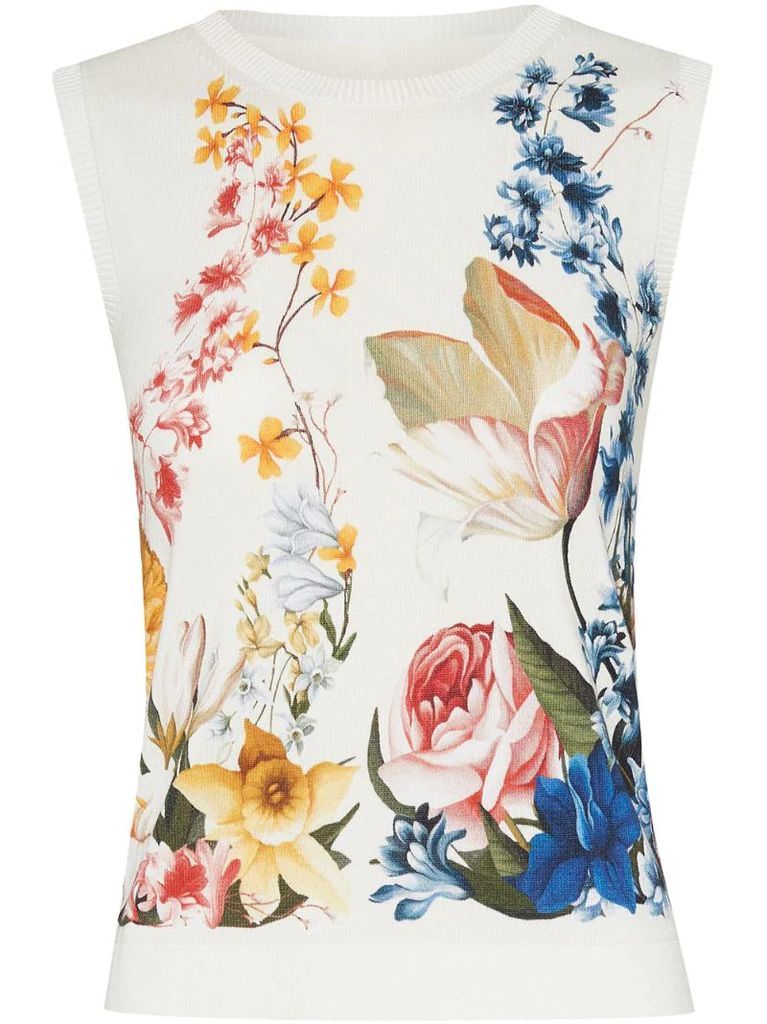 floral-print sleeveless knitted top