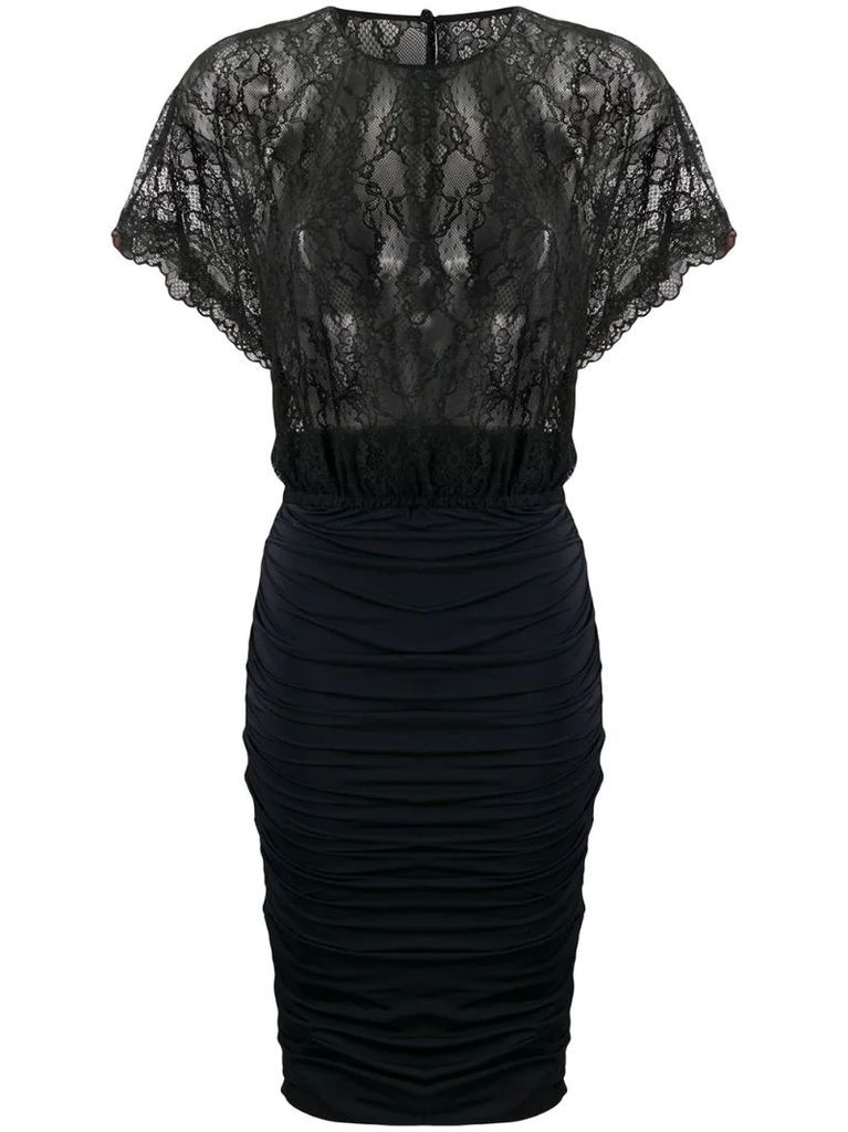 lace-panel ruched bodycon dress