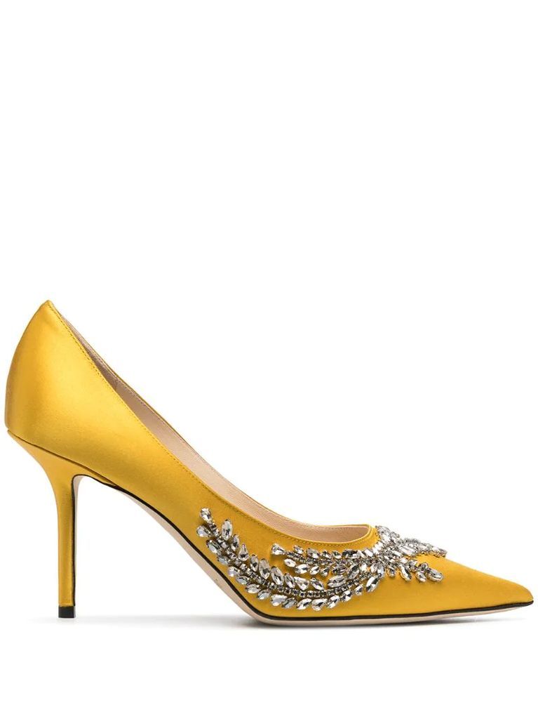 satin stiletto pumps with crystal embellishment