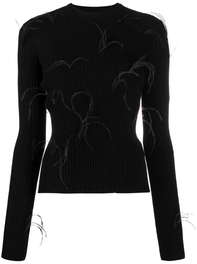 feather trim ribbed knit jumper