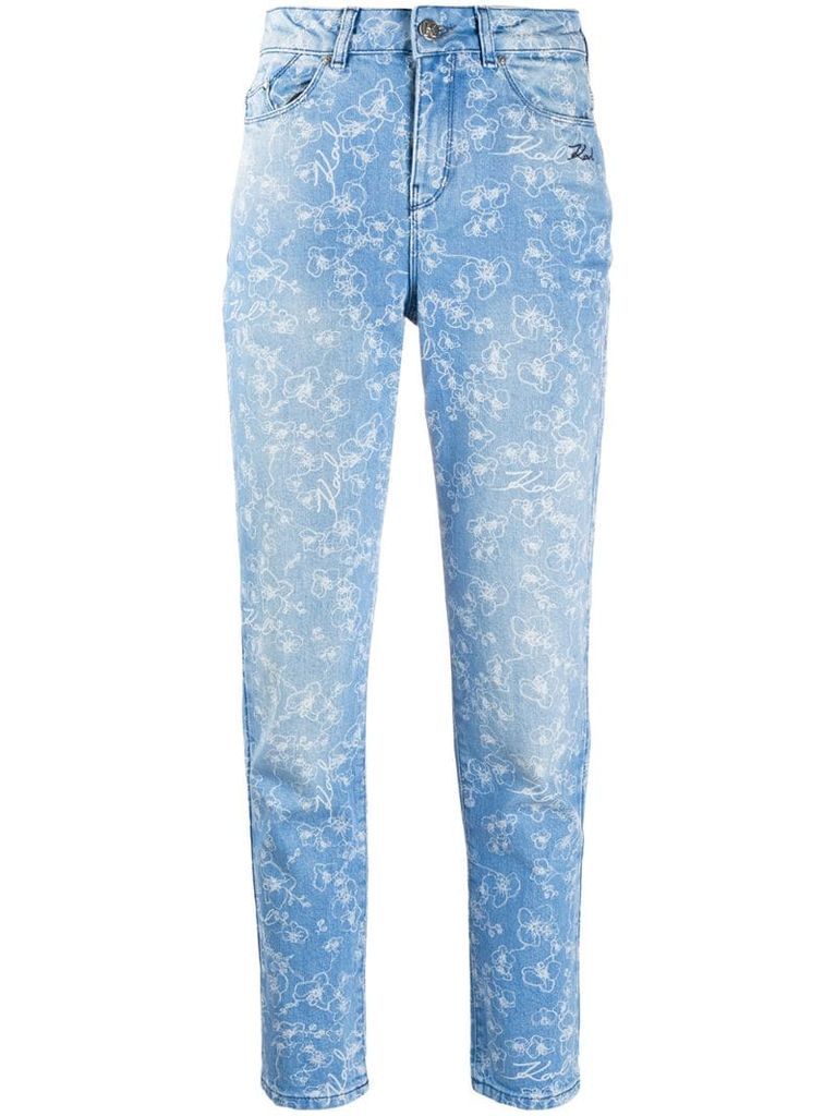 orchid-print high-rise slim jeans