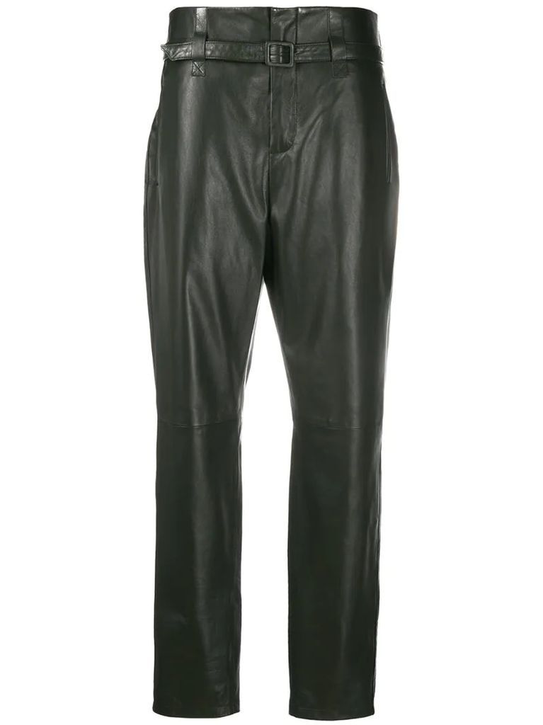 high-waist belted leather trousers