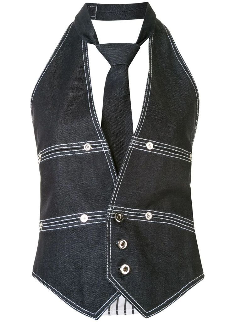 top stitched denim halter vest