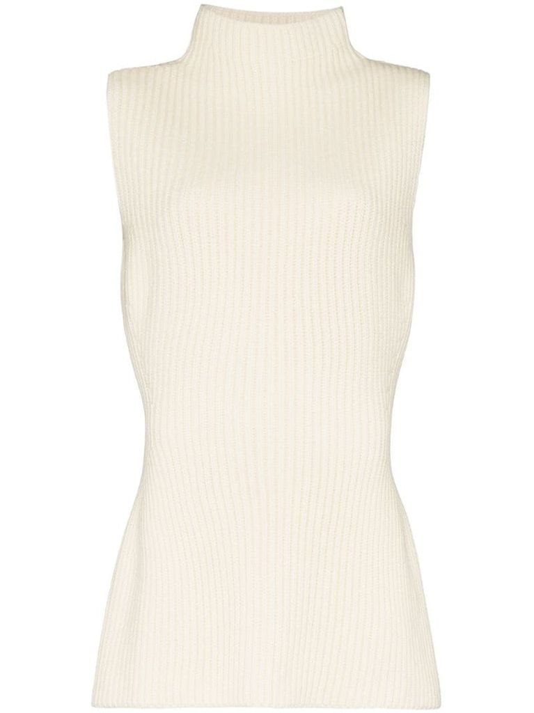 sleeveless ribbed-knit turtleneck knitted top