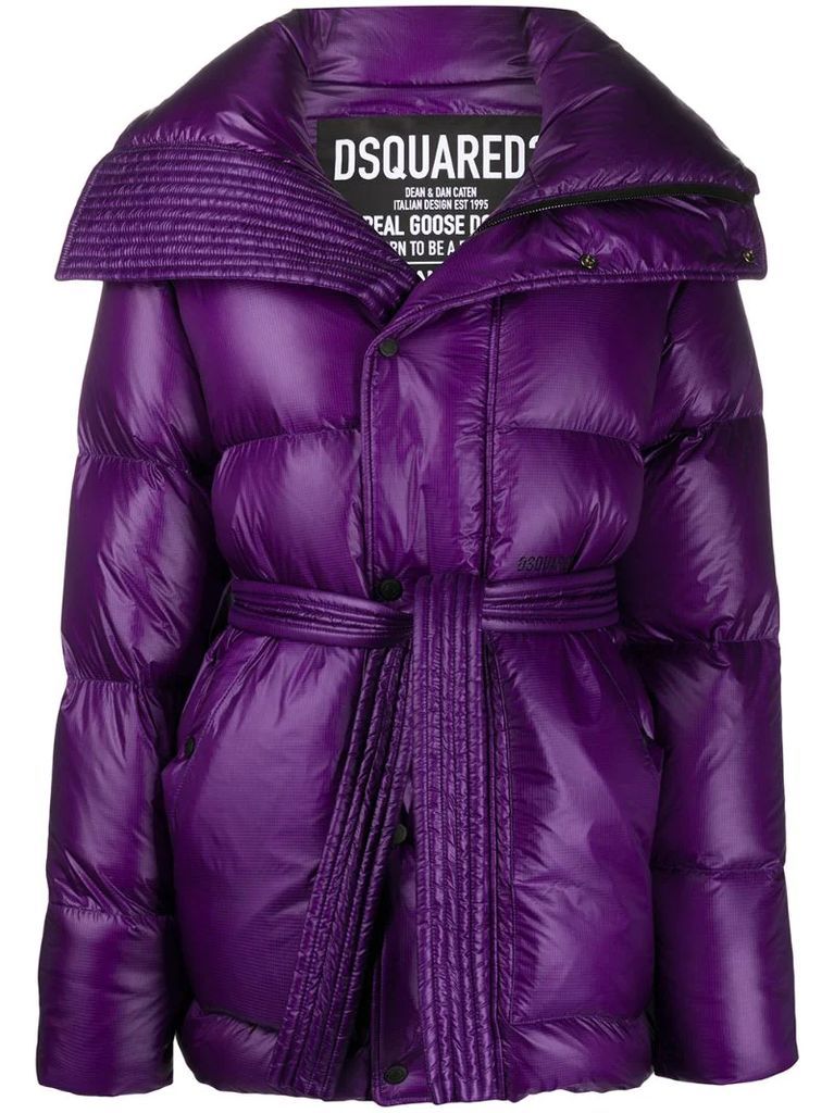 high-shine tie-waist quilted down coat