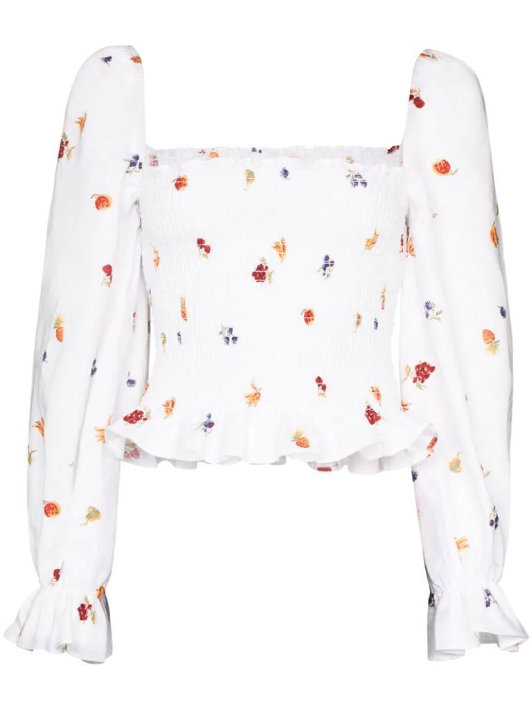 Ruched fruit and floral print top