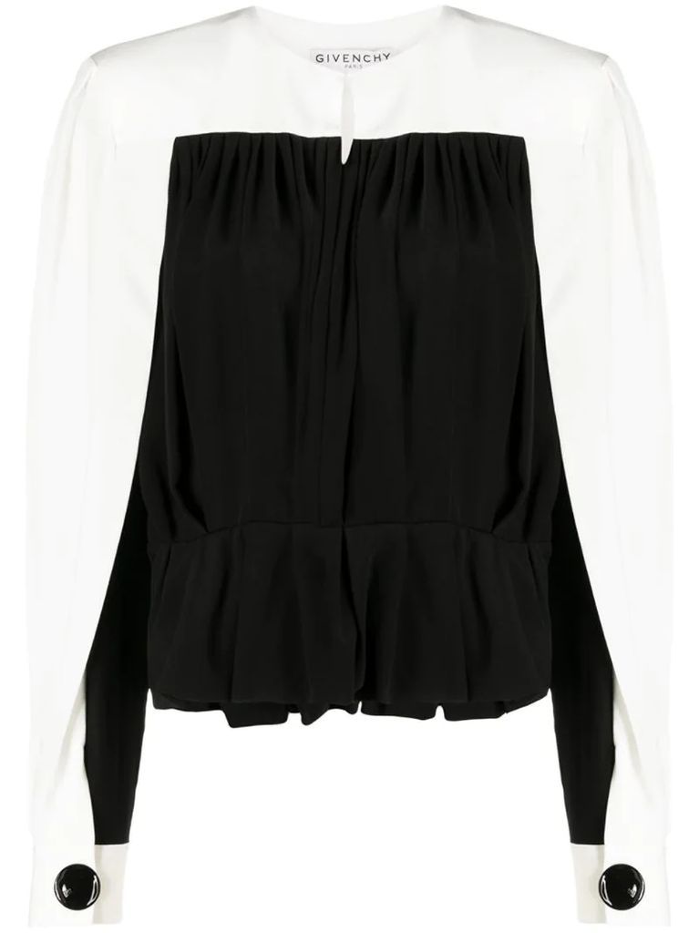 two-tone pleated silk blouse