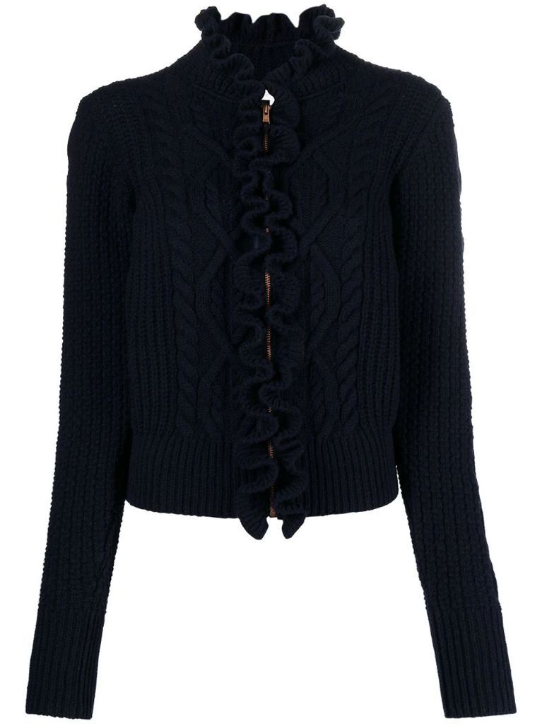 ruffle-trim cable-knit cardigan