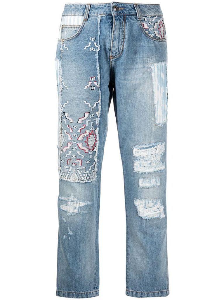 patchwork design jeans
