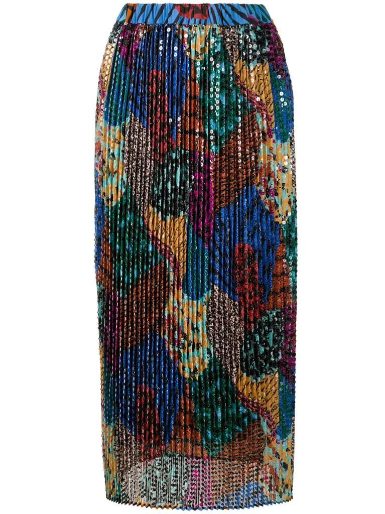 multi-print sequin embroidered skirt