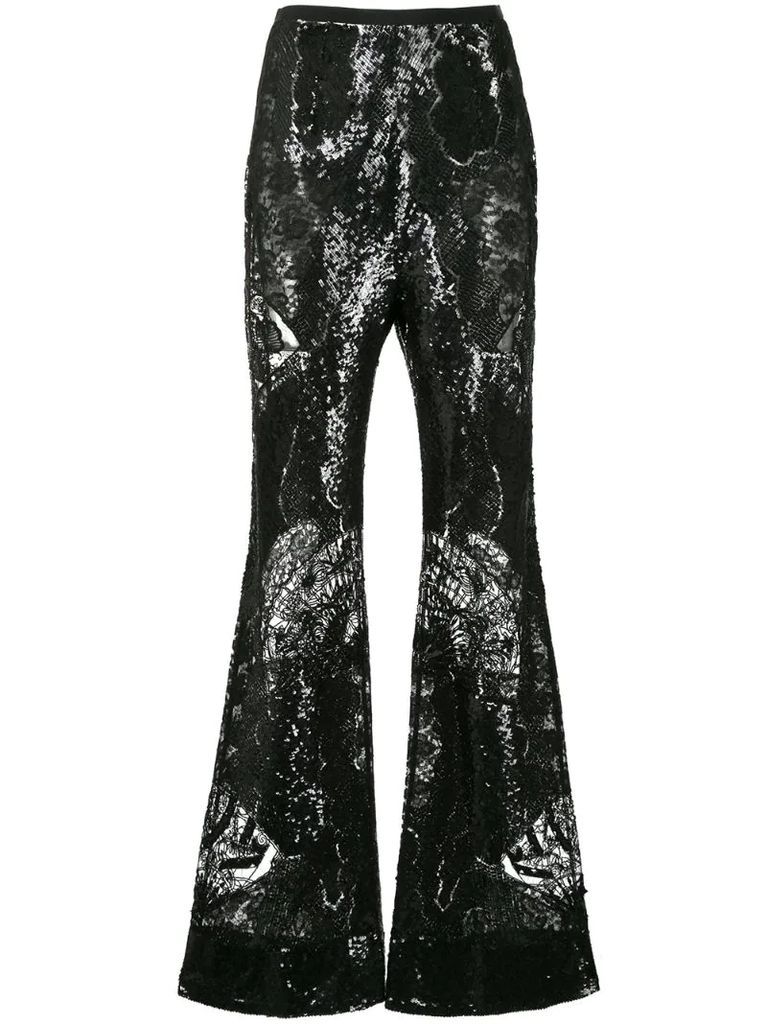 sequinned lace flared trousers