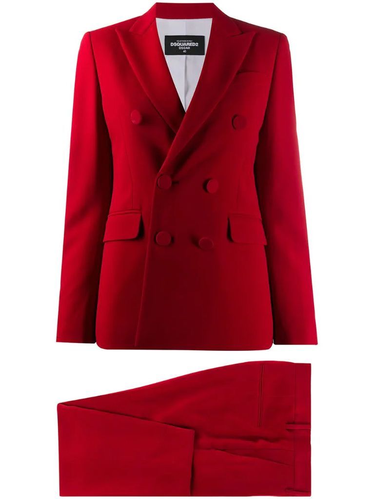 red double-breasted trouser suit