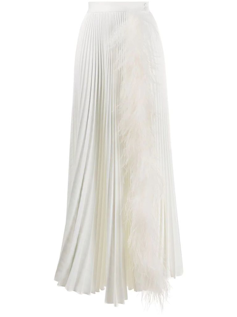 feather-trim pleated maxi skirt