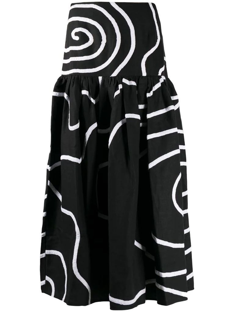 gathered skirt with swirl pattern