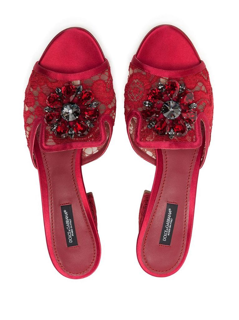 crystal-embellished lace slide sandals