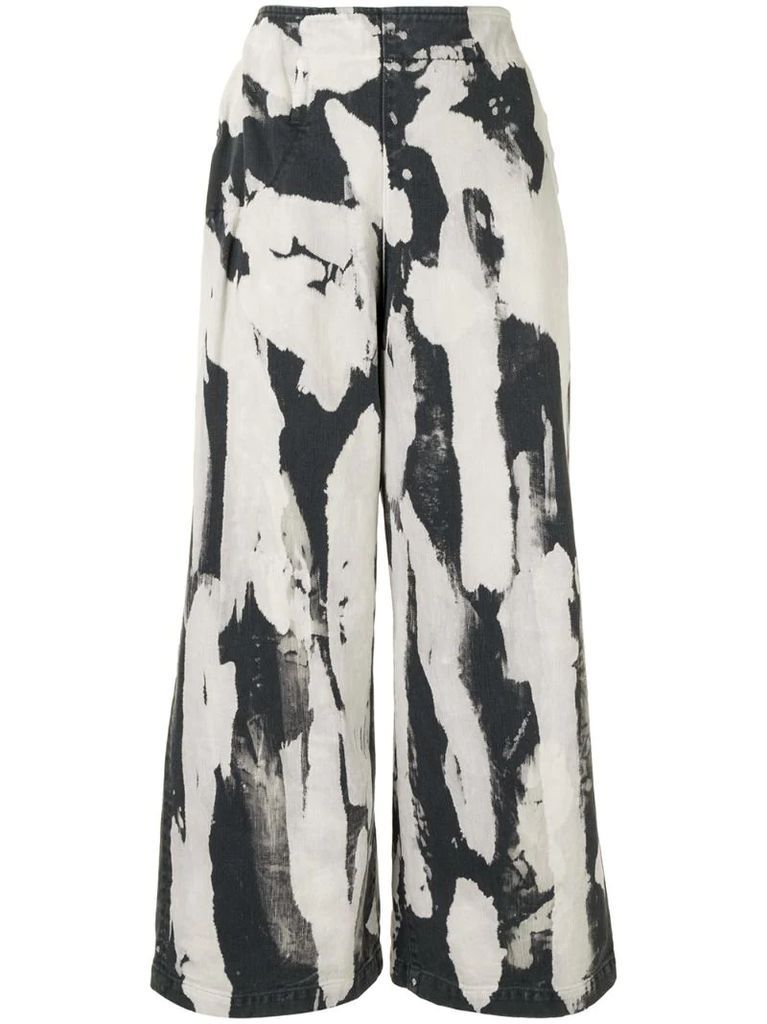 wide-leg abstract bleach-wash trousers