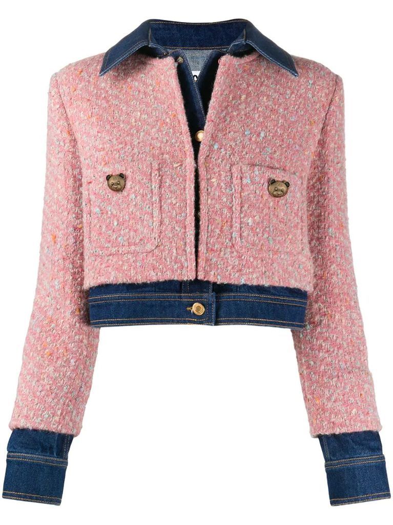 tweed-overlay denim jacket