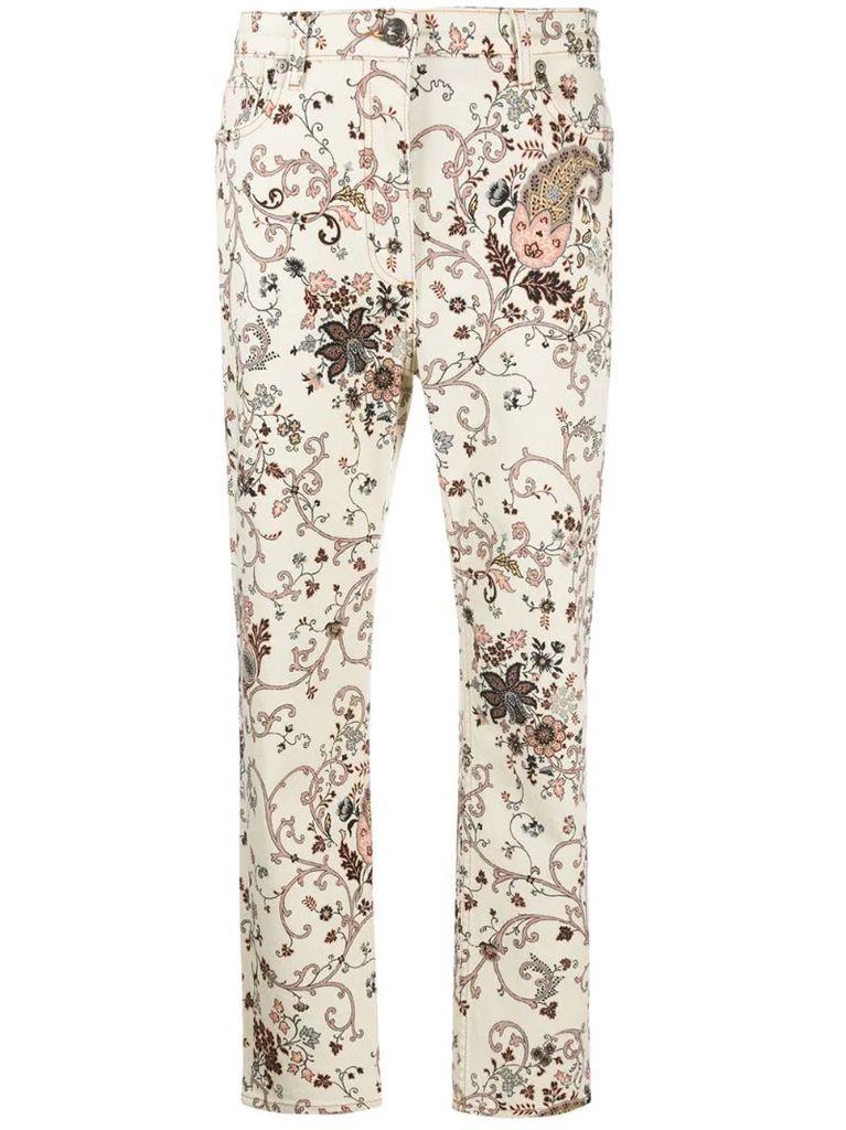 floral-print cropped jeans