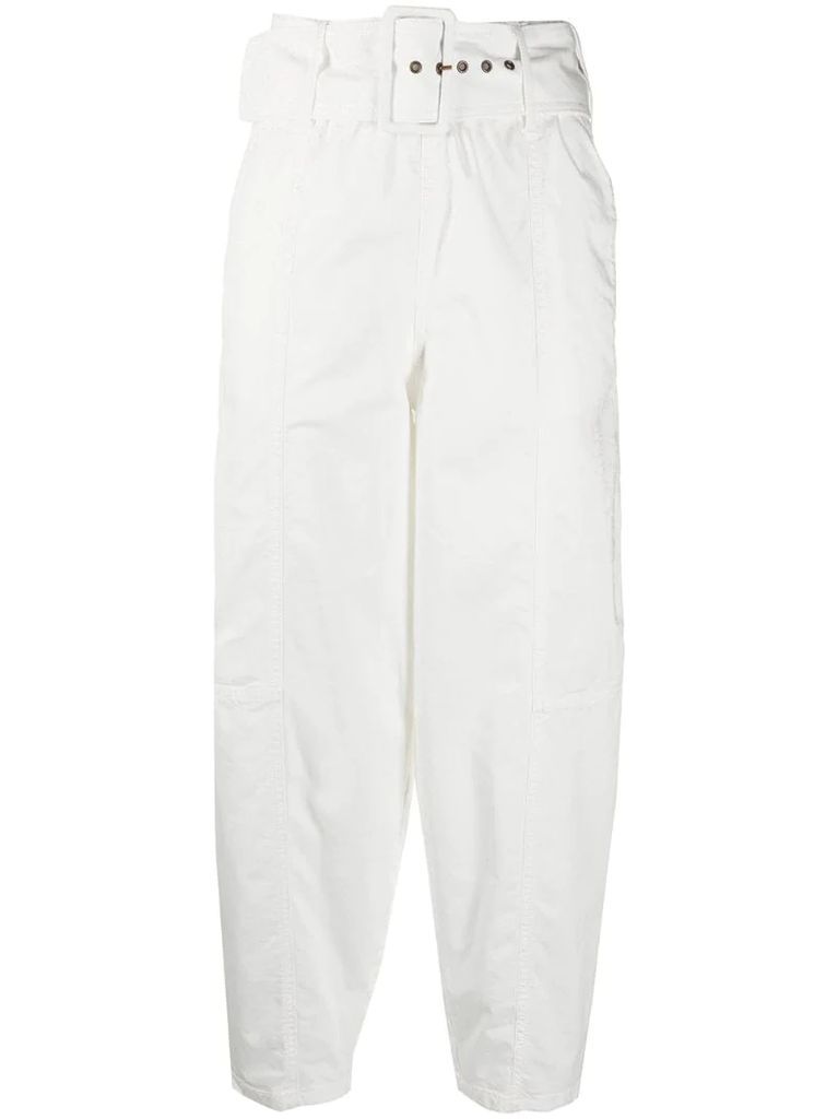 high-waist belted tapered trousers