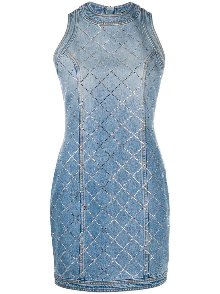 rhinestone-embellished fitted denim dress