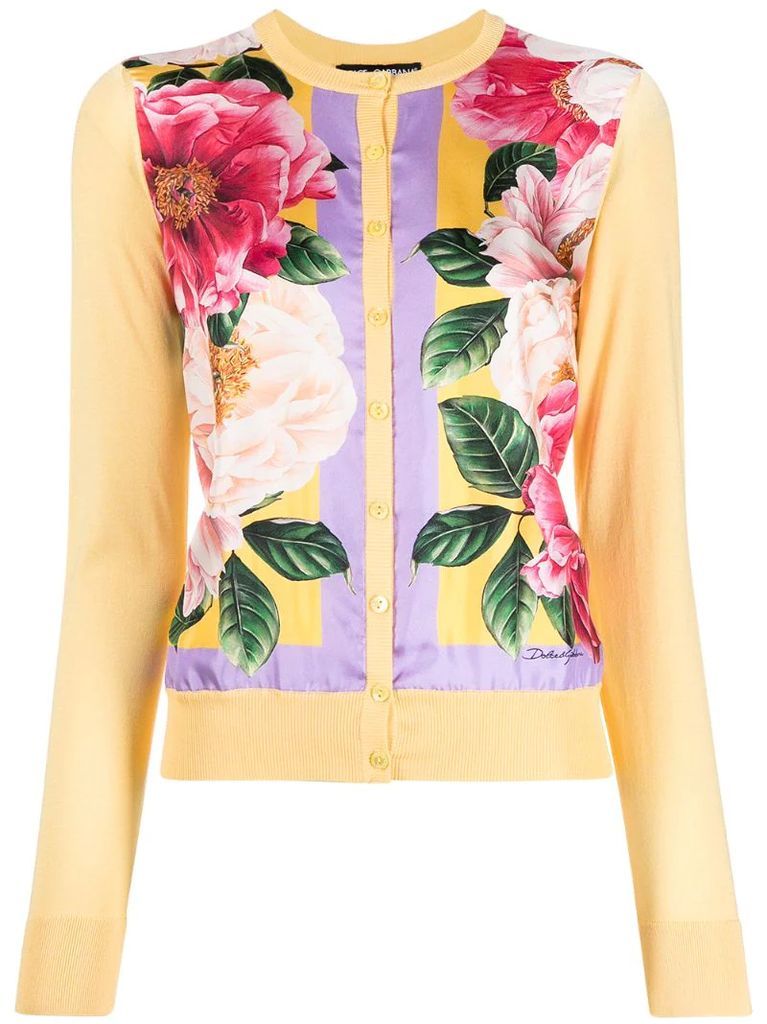 floral-print panelled silk cardigan