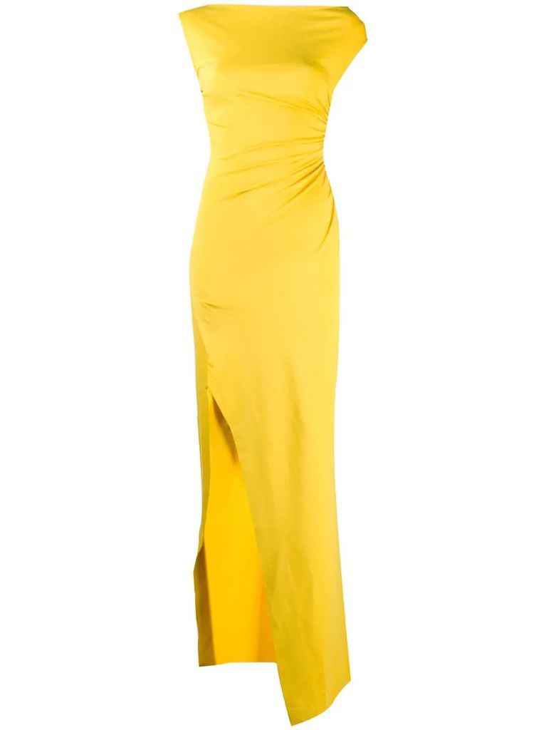 asymmetric ruched maxi dress