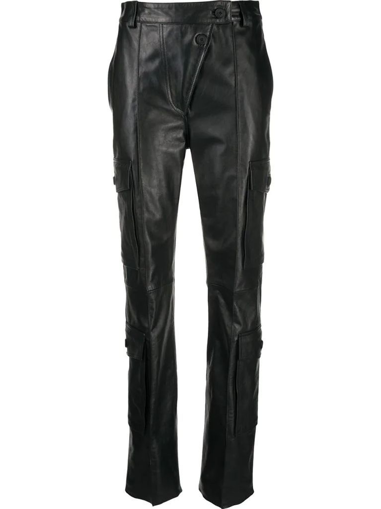 cargo leather straight trousers