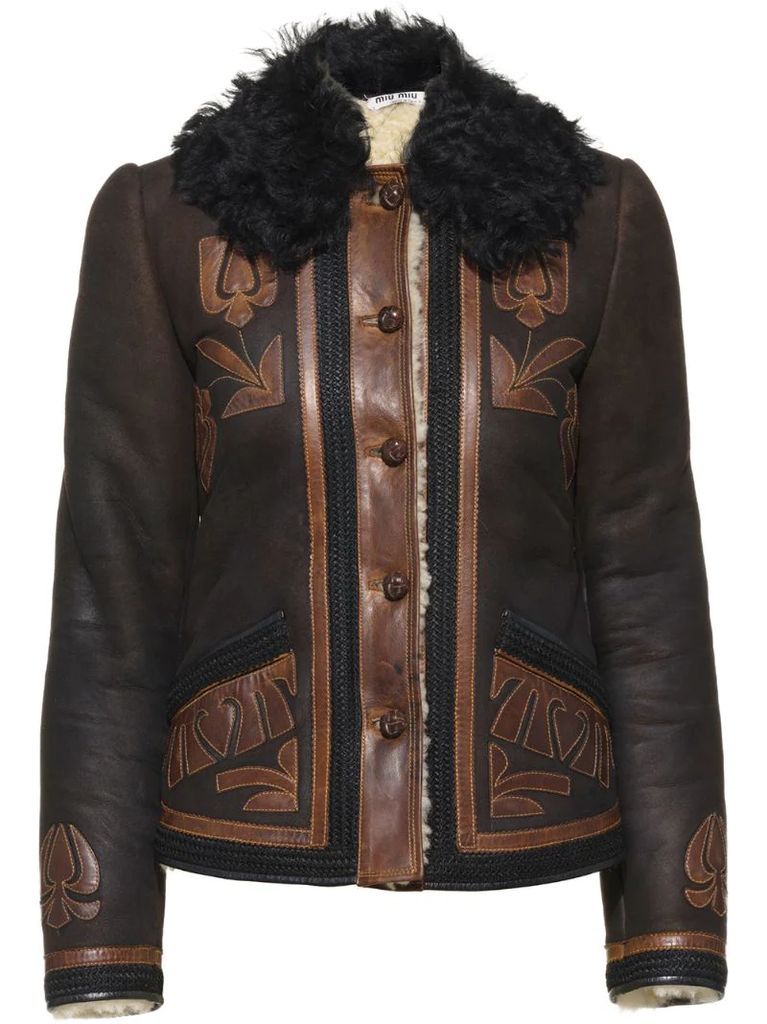 shearling-collar multi-patch jacket