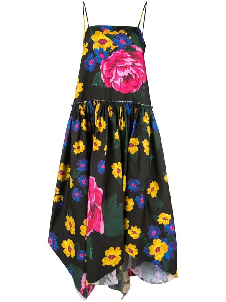 flared asymmetrical dress with giant flower