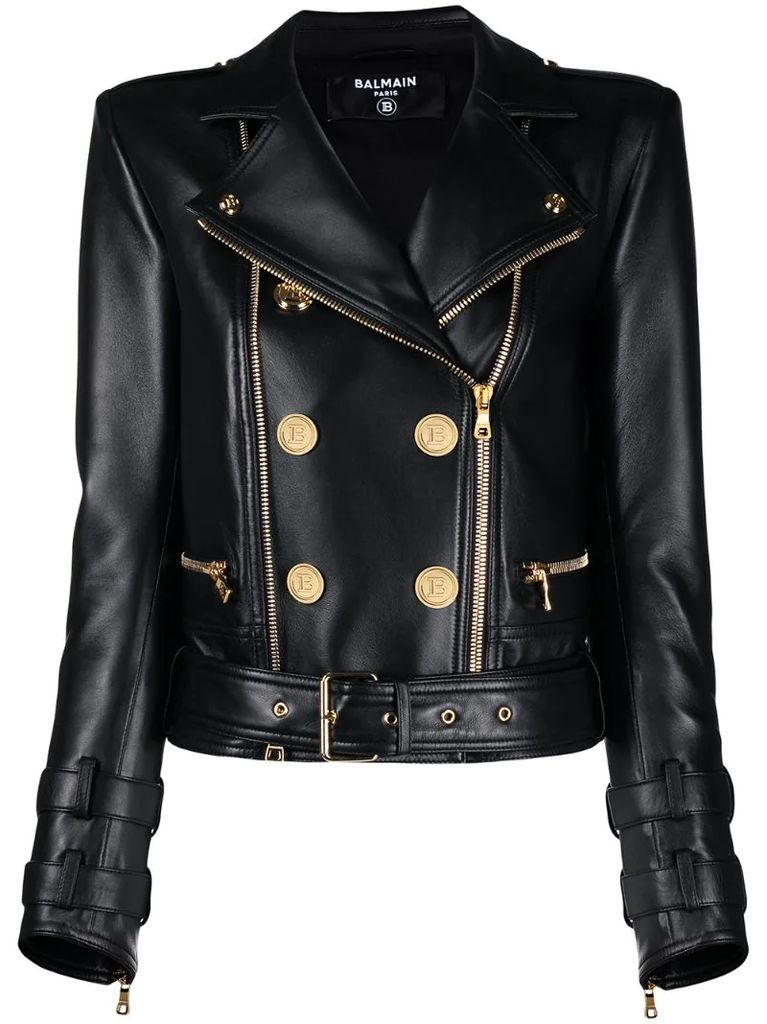 button-detail leather biker jacket