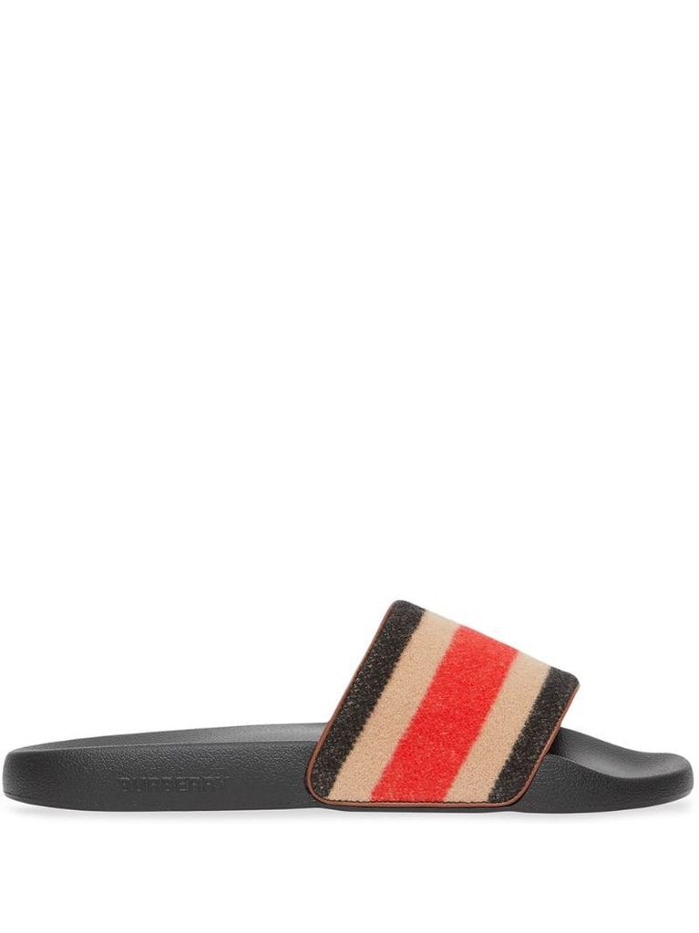striped wool and leather slides