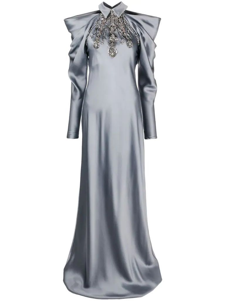 rhinestone-embellished off-shoulder gown